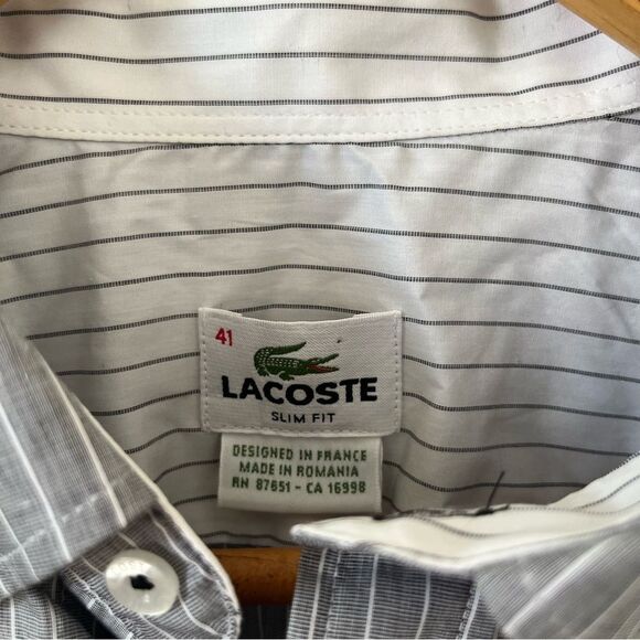 Lacoste Devanlay Grey White Pinstripe Slim Fit Cotton Long Sleeve Dress Shirt - Picture 7 of 9